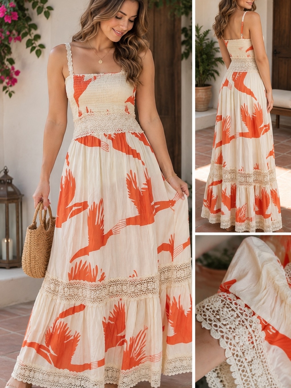 Boho Crochet Trim Maxi Dress - Cream & Orange